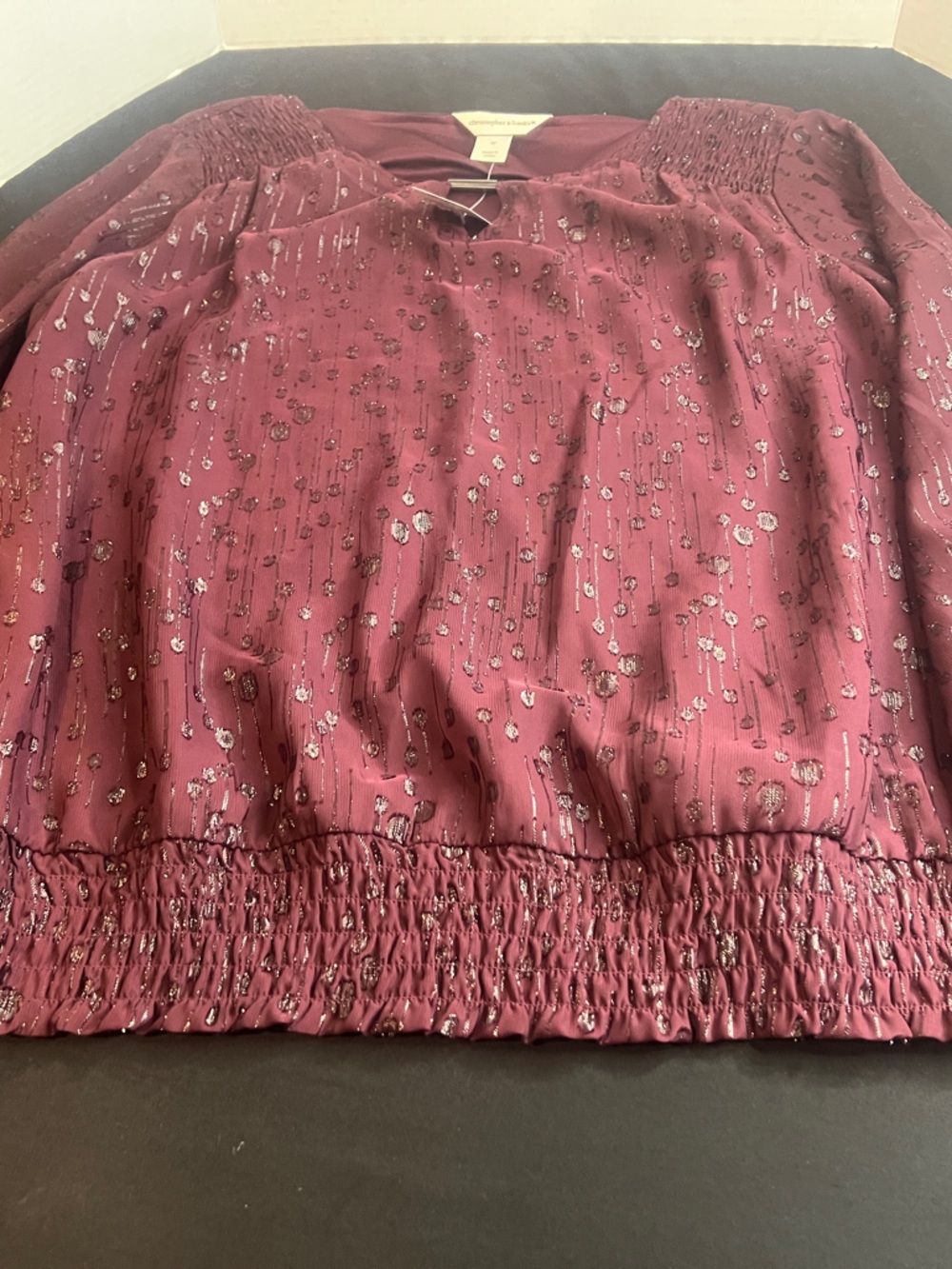 Christopher & Banks Maroon Metallic Dot Peasant Top